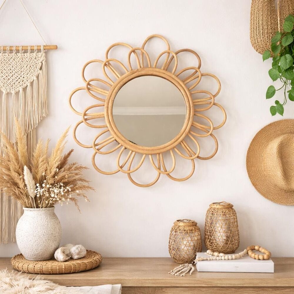 Vintage 16" Round Rattan Wall Mirror Wicker Flower Sunburst Boho Bohemian Decor